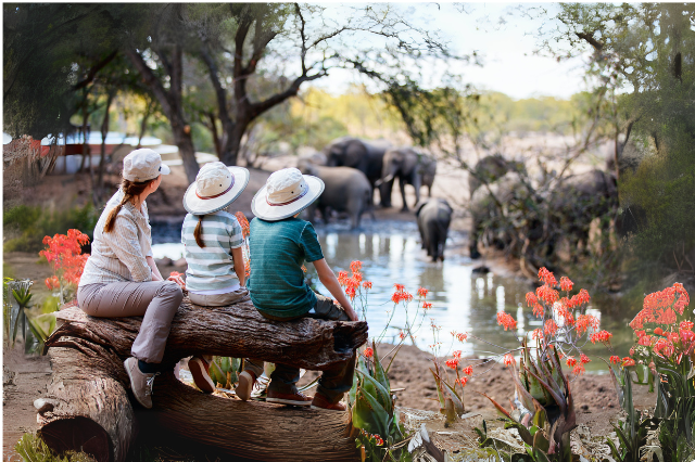 Tourists watching elephants near a waterhole during jungle safari in Madhya Pradesh