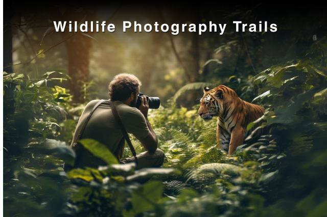 Photographer capturing a Bengal tiger in dense jungle foliage during a wildlife photography trail.