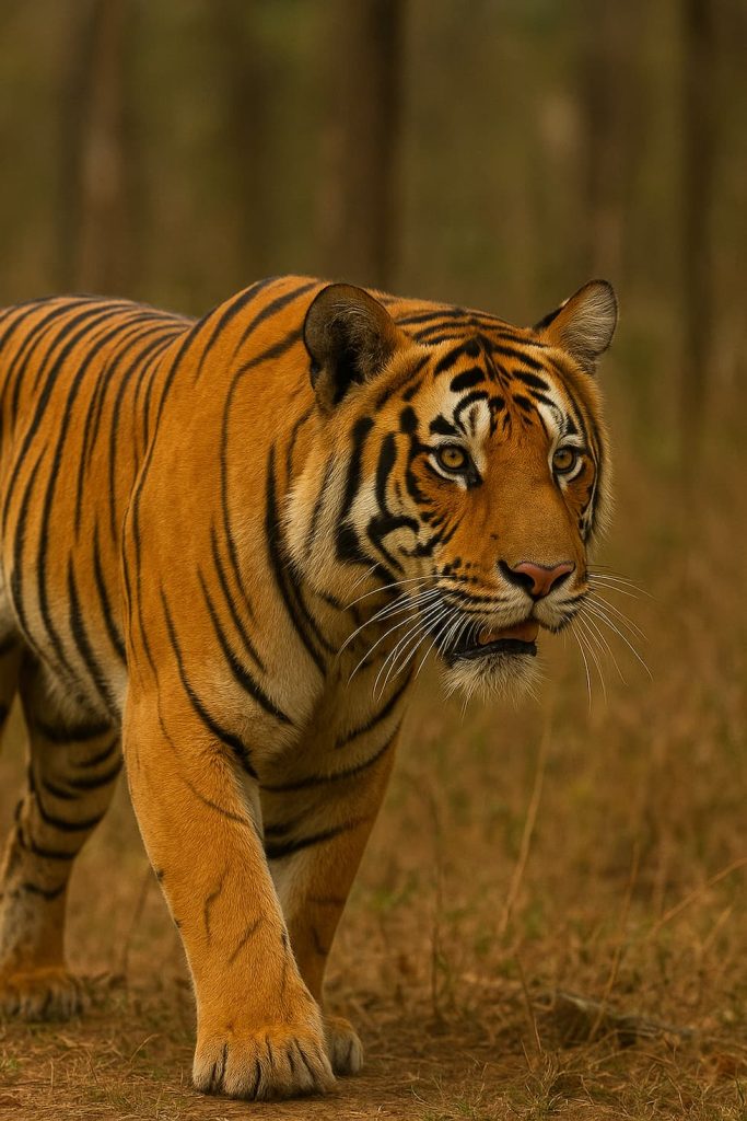 Bengal tiger walking in Kanha National Park during jungle safari