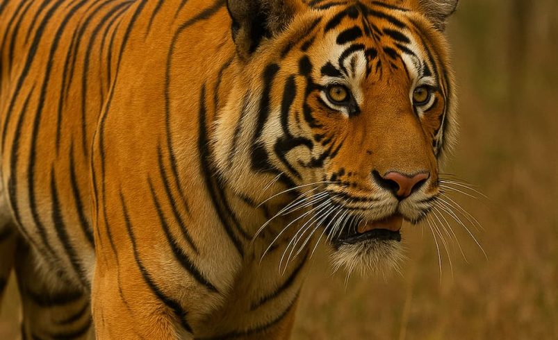 Bengal tiger walking in Kanha National Park during jungle safari