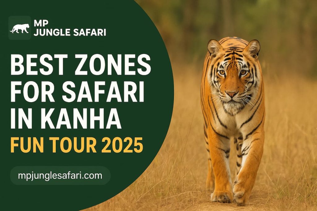 "Royal Bengal tiger walking in Kanha National Park – Best Safari Zones in Kanha Fun Tour 2025"