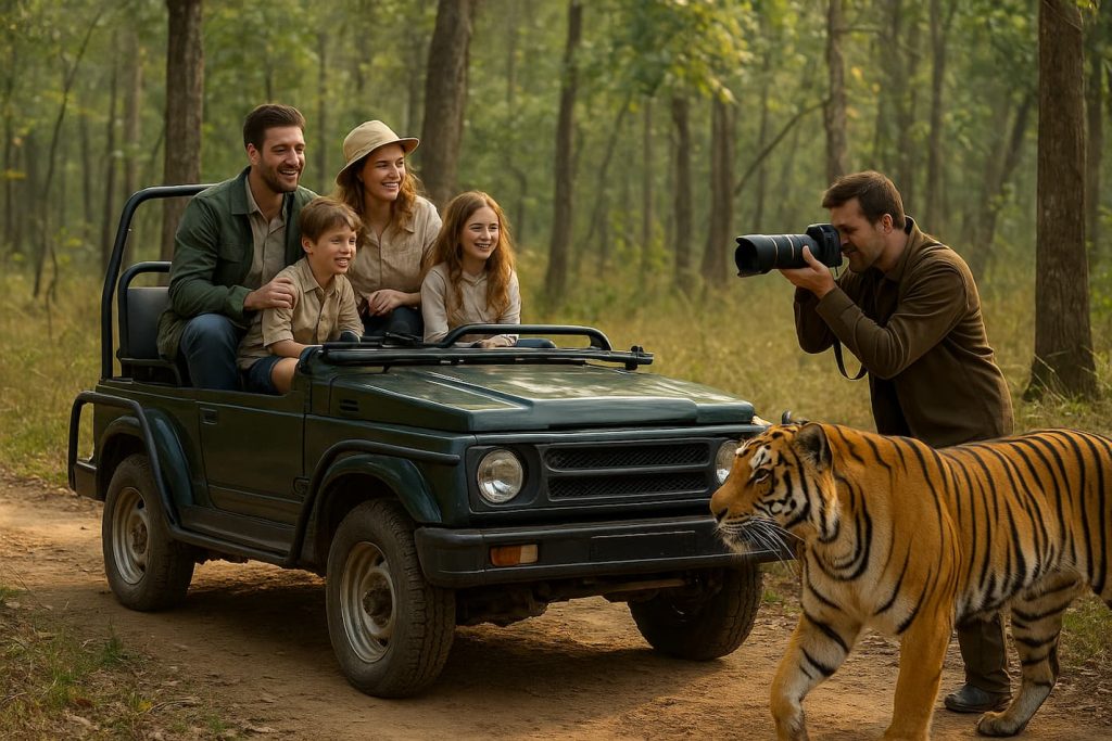 A family enjoying a jeep safari in Kanha National Park while a wildlife photographer captures a tiger up close.