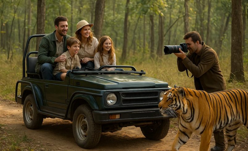A family enjoying a jeep safari in Kanha National Park while a wildlife photographer captures a tiger up close.