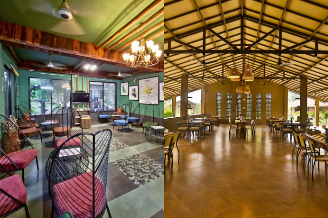 "कान्हा और पेंच के लग्ज़री रिज़ॉर्ट – स्टाइलिश डाइनिंग और लाउंज एरिया