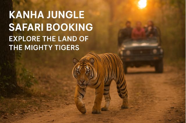 A majestic Bengal tiger walking confidently on a forest trail during a Kanha jungle safari in Madhya Pradesh, with a safari jeep and tourists watching under the golden sunrise.