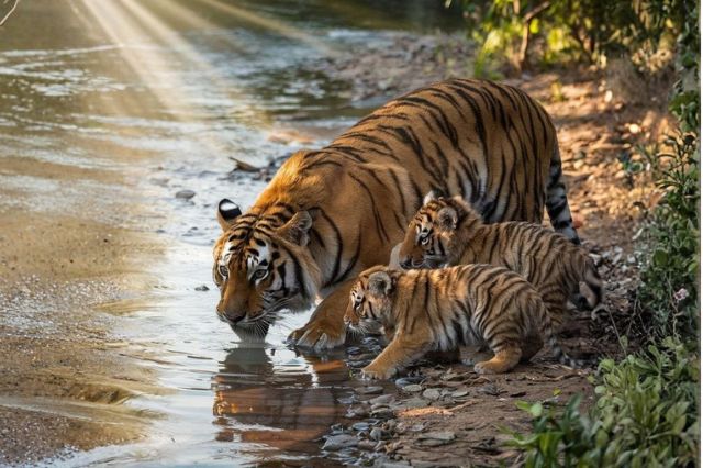 Kanha Tiger Queen walking with cubs in Kanha National Park – symbol of power, motherhood, and courage